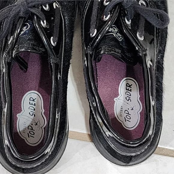 Sperry Top Sider black fur and patent leather deck shoes sneakers size 7 - Picture 6 of 8